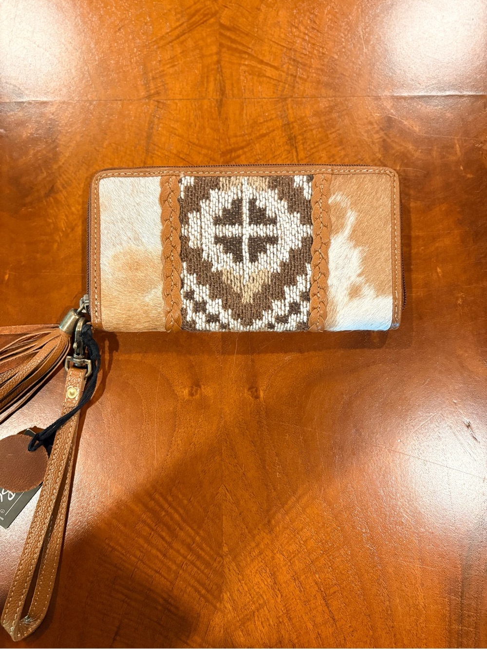 NWT, Myra Bag Brown and Cream Cowhide Wristlet Wallet with Tassel - Picture 4 of 5